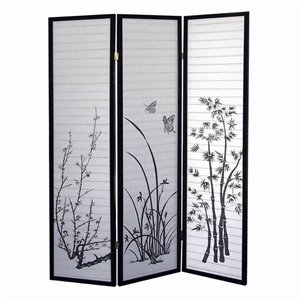 naturistic print wood and paper 3 panel room divider in white and black