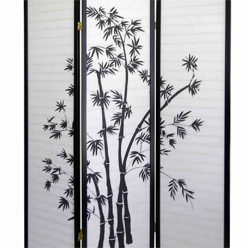 Wood and Paper 3 Panel Room Divider with Bamboo Print in White and Black