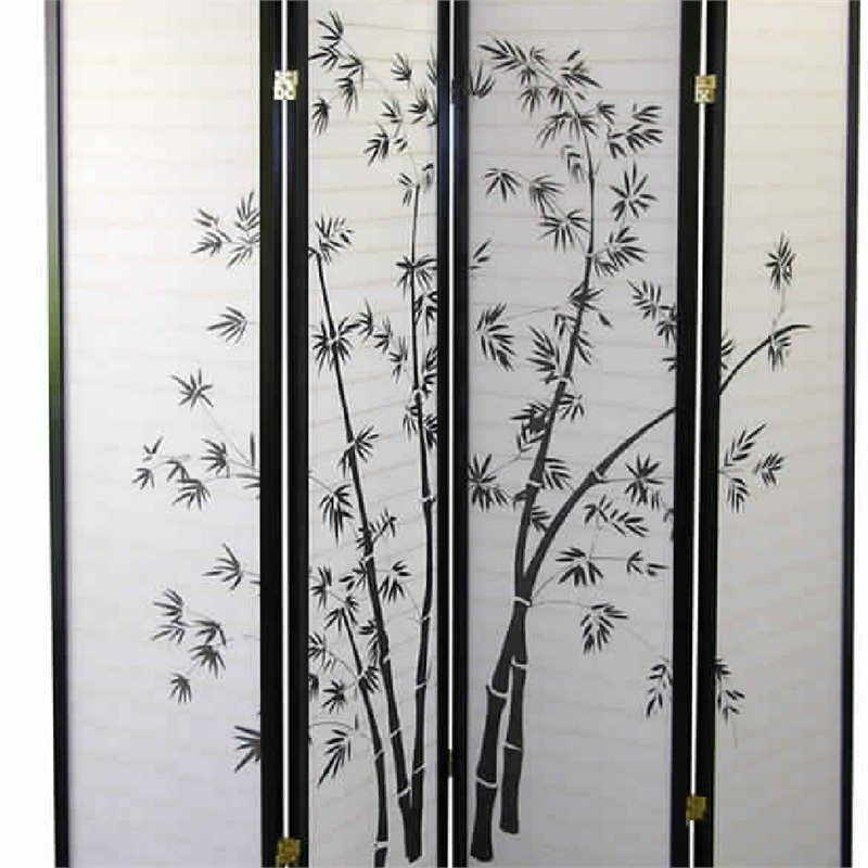 Wood and Paper 4 Panel Room Divider with Bamboo Print in White and Black