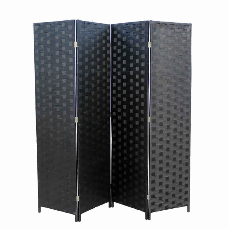 Paper Straw Weave 4 Panel Screen with 2 Inch Wooden Legs in Black