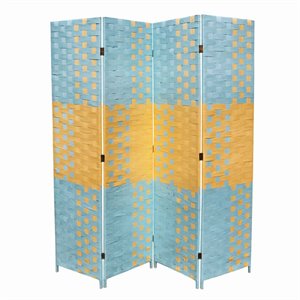 paper straw 4 panel screen with 2 inch wooden legs in blue and yellow