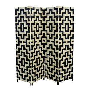 geometric pattern wood and paper straw weave screen in cream and black
