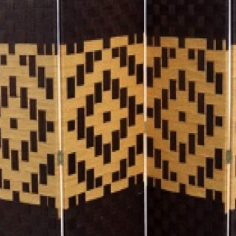 Paper Straw Weave and Wood 4 Panel Screen in Brown and Yellow