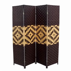 paper straw weave and wood 4 panel screen in brown and yellow
