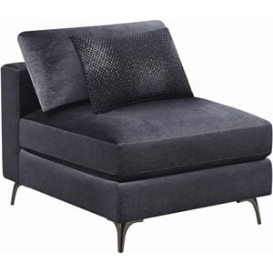fabric armless chair with 1 accent pillow and metal legs in charcoal gray