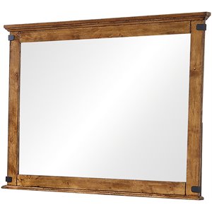 molded trim top wooden mirror with metal bracket accents in rustic brown