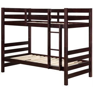 slatted twin over twin bunk bed with attached ladder in espresso brown