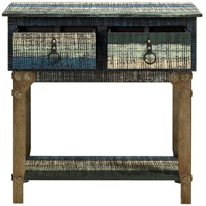 2 drawer wooden hall console with distressed look in multicolor