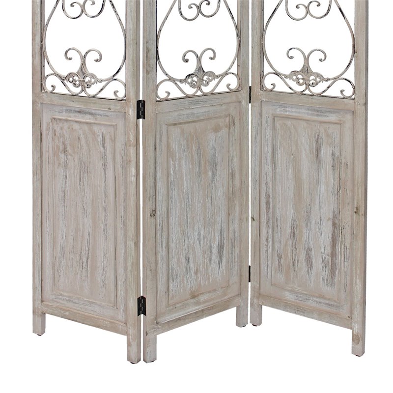 48 inch 3 Panel Screen with Metal Scrollwork in Washed Beige