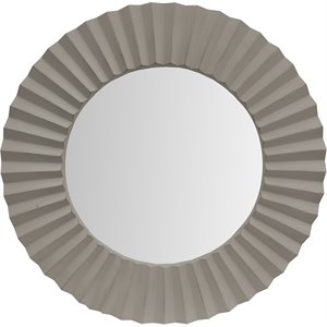 32 inch round floating wall mirror with corrugated design wooden frame in gray