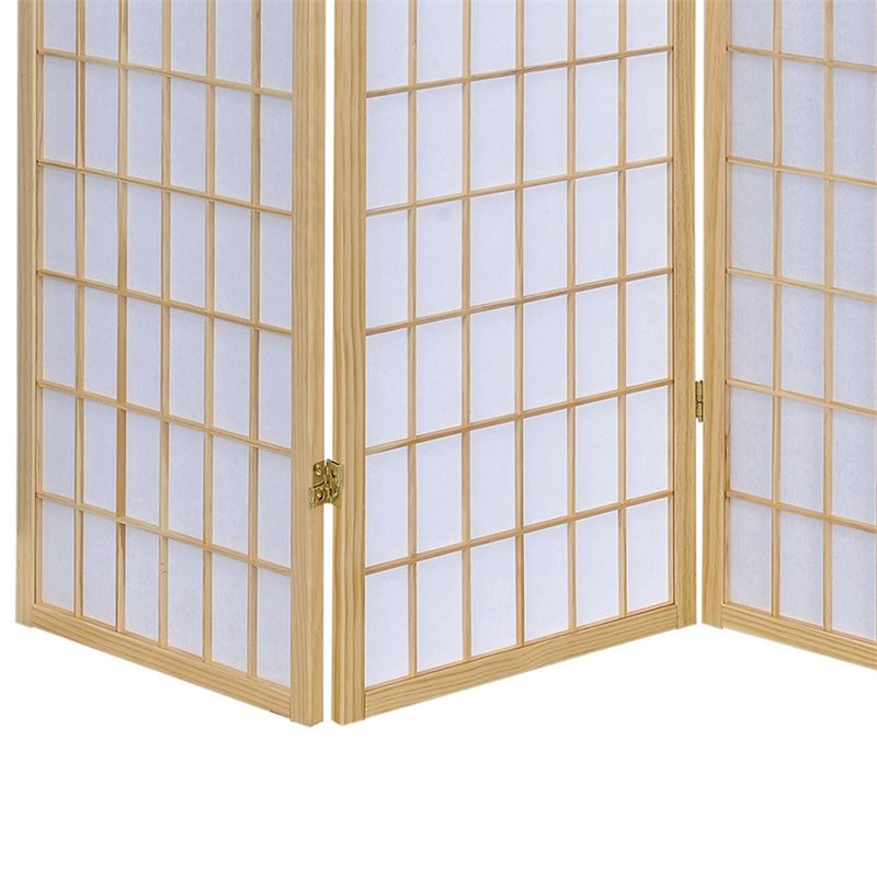 3 Panel Foldable Wooden Frame Room Divider with Grid Design in Brown