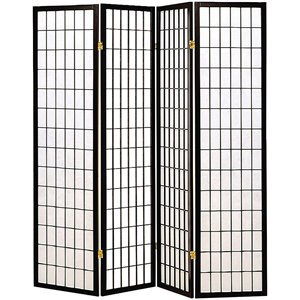 4 panel foldable wooden frame room divider with grid design in black