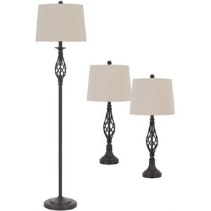 twisted cage design metal floor lamp with 2 table lamps in bronze