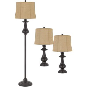 turned pedestal design metal floor lamp with 2 table lamps in bronze