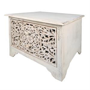 olta 24 inch mango wood nightstand side table- floral cut out- antique white