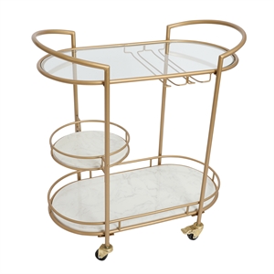 30 inch 3 tier bar cart with matte gold metal frame white marble & glass shelve