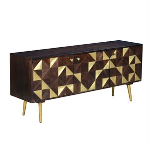 56 inch wooden tv console with geometric front 3 door cabinets brown & gold