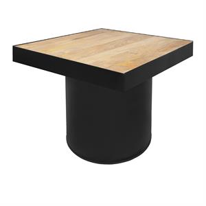 21 inch wooden side table with block metal base  brown and black