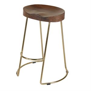 counter height barstool with wooden saddle seat tubular frame brown & gold