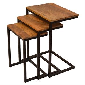 c shape wooden nesting side table with metal frame- set of 3- brown and black