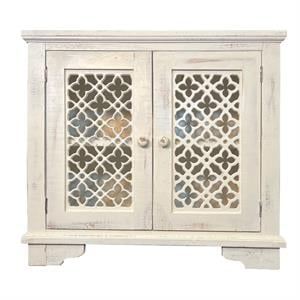 2 door sideboard console cabinet-quatrefoil design-pine wood-antique white
