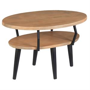 mango wood oval coffee table with open shelf- oak brown and black