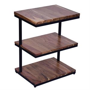 industrial end table with 3 tier wooden shelves and metal frame brown &black