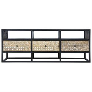 59 inch mango wood tv media entertainment console ornate cut out floral designs