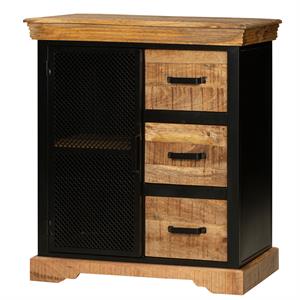 home office cabinet with 3 drawers and metal frame- oak brown and black
