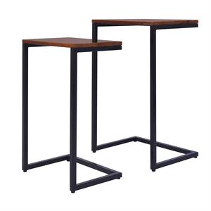 c shape wooden nesting side end table with metal frame brown and black