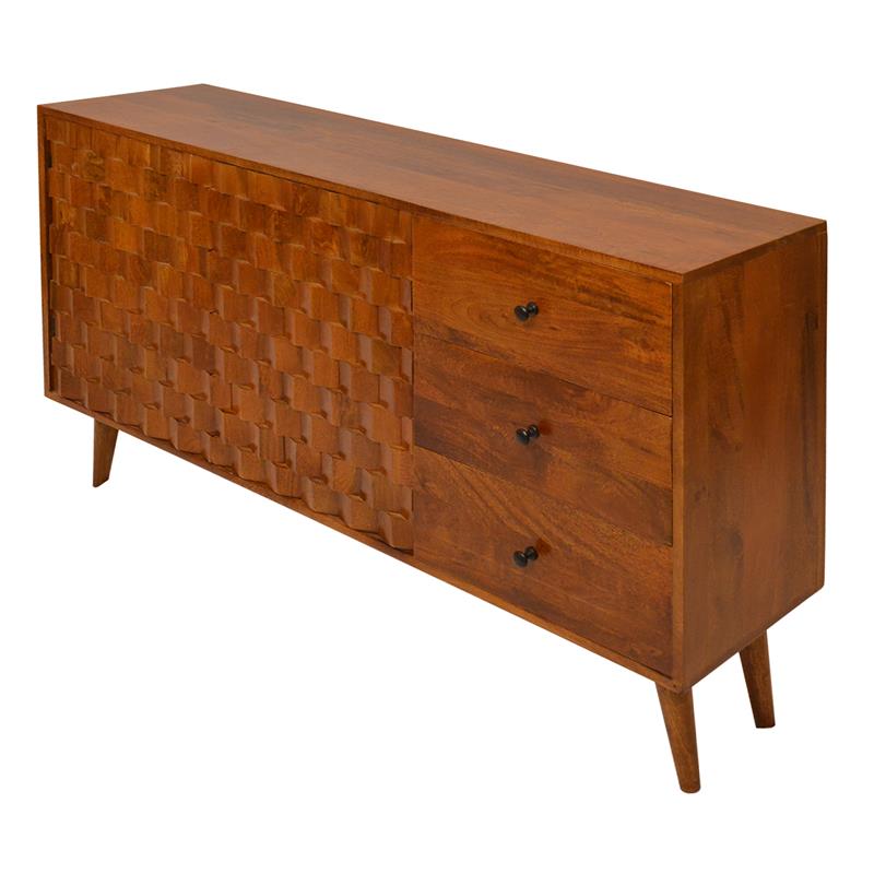 2 Door Wooden TV Console with 3 Drawers and Honeycomb Design Walnut Brown