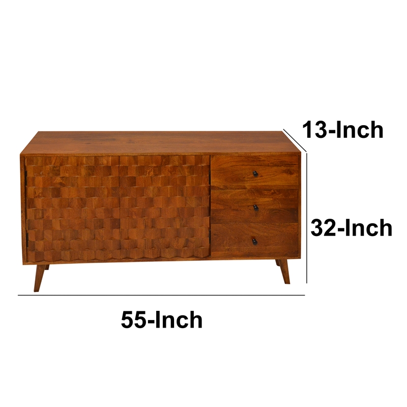 2 Door Wooden TV Console with 3 Drawers and Honeycomb Design Walnut Brown