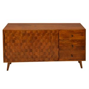 2 door wooden tv console with 3 drawers and honeycomb design walnut brown