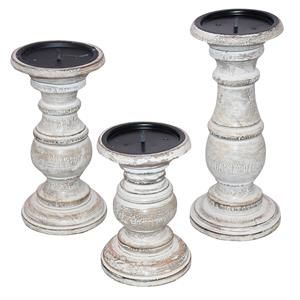 wooden candleholder with turned pedestal base set of 3 distressed white