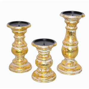 Wooden Candleholder with Turned Pedestal Base Set of 3 Distressed Gold