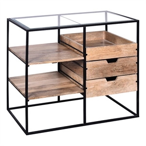 handcrafted glass table-storage shelves-3 drawers-metal frame-brown & black