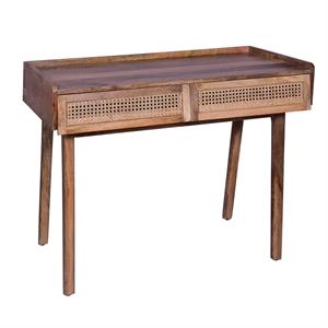 wooden farmhouse writing desk with 2 drawers and wooden frame- oak brown