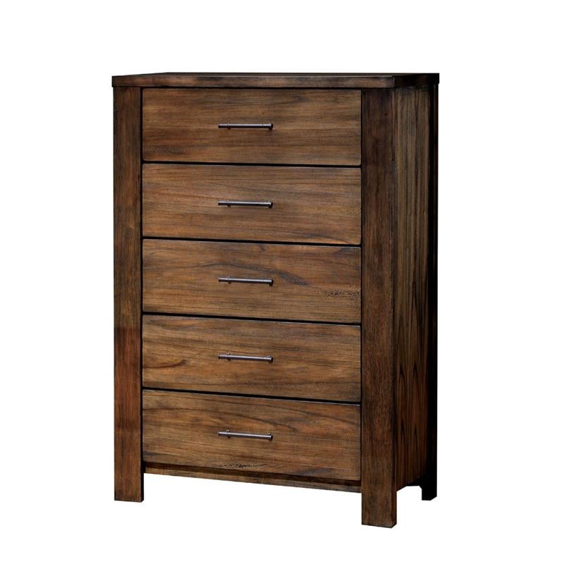 5 Drawers Transitional Wooden Chest with Antique Bar Pulls  Rustic Brown