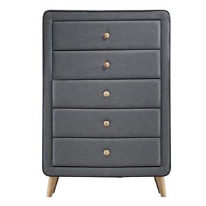 transitional style wood and fabric upholstery chest with 5 drawers  gray