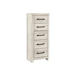 grained 5 drawer wooden chest with bar pull handles  distressed white
