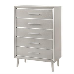 5 drawer contemporary chest with bar handles and splayed legs  silver