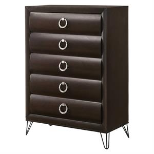5 drawer wooden chest with metal ring handles and harpin legs  brown