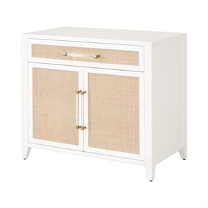 double door cabinet wooden chest with rattan front inlay  white