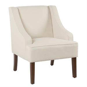fabric upholstered wooden accent chair with swooping armrests  cream and brown
