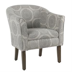 wood & fabric barrel style accent chair medallion pattern gray & brown