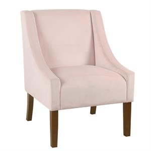fabric upholstered swooped accent chair with wooden legs  pink and brown