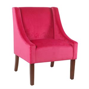 fabric upholstered swooped accent chair with wooden legs  dark pink and brown