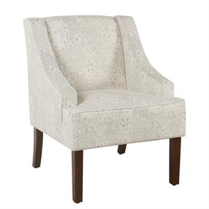 fabric upholstered wooden accent chair with swooping arms  gray and brown