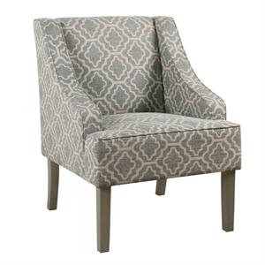trellis fabric upholstered accent chair swooping armrests gray white & brown