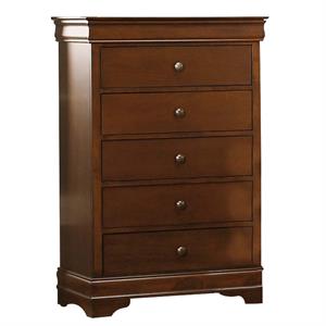 transitional style wooden chest with 5 drawers  cherry brown